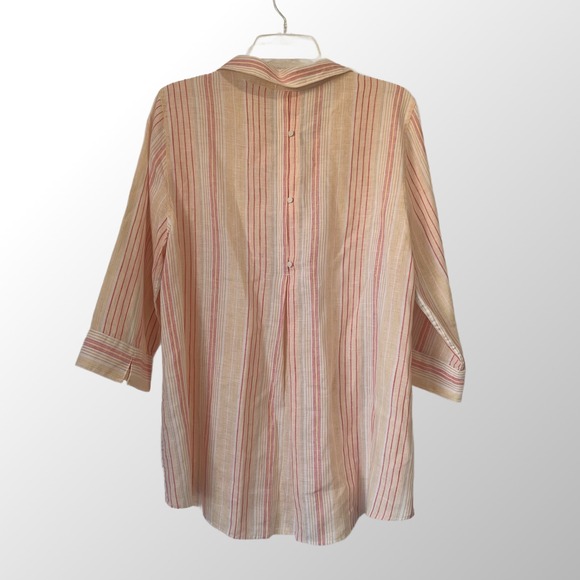 Chicos 100% Linen No Iron Striped Button Up Shirt Womens Size 2 Large - Picture 2 of 8